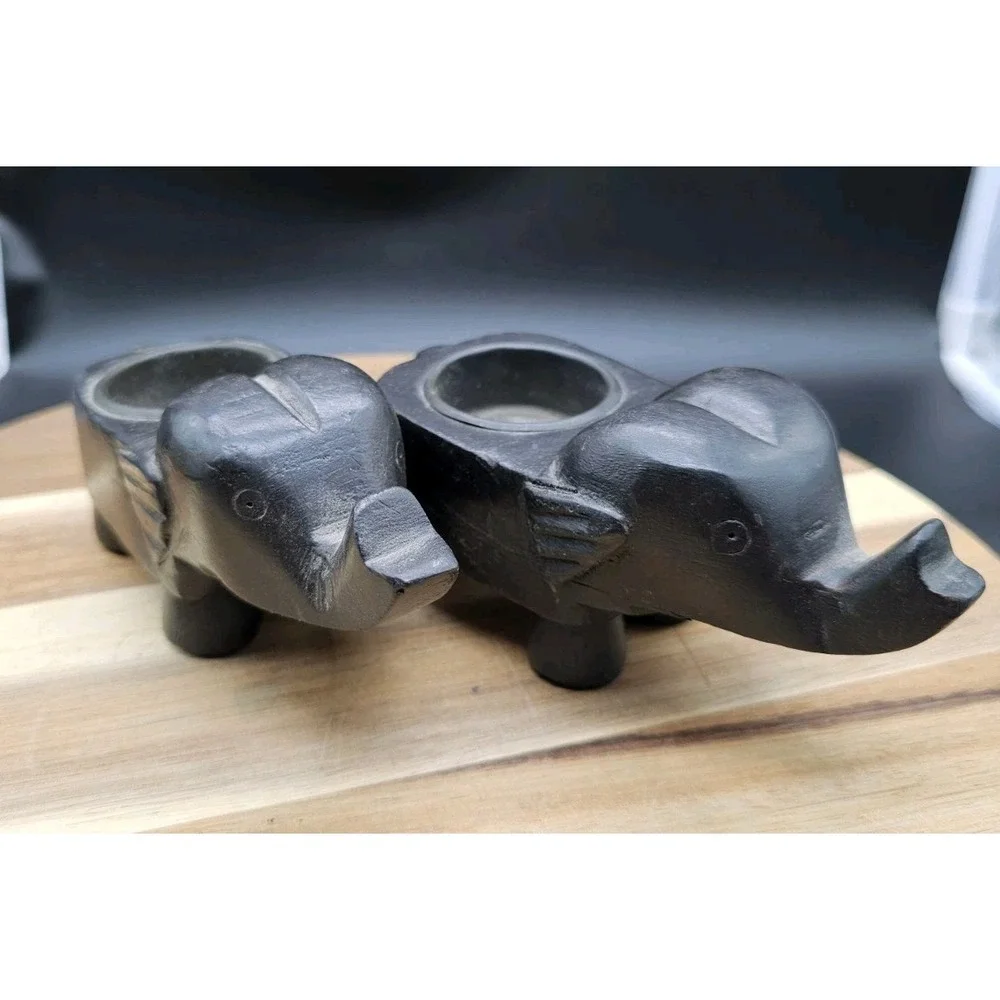 Vintage Elephant Candle Holders Hand Carved Wood Raised‎ Trunk Lucky Boho Safari